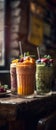 Smoothies On Stone Rustic Pub Mobile Wallpeper Postcard. Generative AI Royalty Free Stock Photo