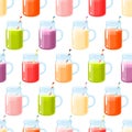 Smoothies variety seamless pattern, seamless background with smoothies, colorful and bright.