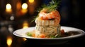 Smorgastarta - Swedish sandwich cake, layers of seafood and cream cheese, garnished with fresh herbs