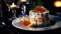 Smorgastarta - Swedish sandwich cake, layers of seafood and cream cheese, garnished with fresh herbs