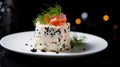 Smorgastarta - Swedish sandwich cake, layers of seafood and cream cheese, garnished with fresh herbs