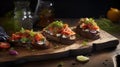 Smorrebrod - Danish open-faced sandwich, elegantly arranged on a rustic wooden board