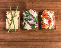 Smorrebrod - danish open sandwich with fish, herring, cheese Royalty Free Stock Photo