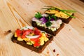 Smorrebrod - danish open sandwich with fish, herring, cheese Royalty Free Stock Photo