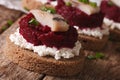 smorrebrod with herring, beetroot and cheese close-up. horizontal