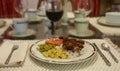 Smothered steak over rice dinner