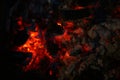 Smouldering coals at night. Decaying charcoal, New Year`s Eve barbecue season