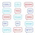 Sms message cool, lol, boom, bang, yes, no, xoxo, yeah, omg, ok, hi, wow, oops, hello, wtf. Word in speech bubble. Royalty Free Stock Photo