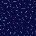 Abstract seamless doodle pattern. Hand drawn light rounds and simple waves on deep blue background.