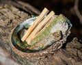 Smudge kit - Palo Santo sticks, Wildcrafted dried white sage Salvia apiana, Mugwort Artemisia vulgaris, and Siskiyou Cedar Royalty Free Stock Photo