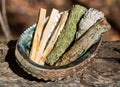 Smudge kit - Palo Santo sticks, Wildcrafted dried white sage Salvia apiana, Mugwort Artemisia vulgaris, and Siskiyou Cedar Royalty Free Stock Photo