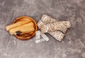 Smudge kit for spiritual practices with natural elements. Crystals Royalty Free Stock Photo