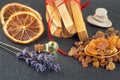 Smudge kit for spiritual practices with natural elements: Palo Santo sticks, dried lavender, SPA stones, essence Royalty Free Stock Photo