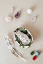 Smudge kit with white sage stick, abalone sea shell. Natural elements for cleansing negative energy Royalty Free Stock Photo