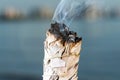 Smudging Ritual using burning thick leafy bundle of White Sage on the beach at sunrise in front of the lake Royalty Free Stock Photo