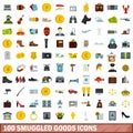 100 smuggled goods icons set, flat style