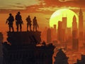 Smugglers silhouettes against smart city sunrise quests Royalty Free Stock Photo