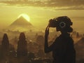 Smugglers silhouettes against smart city sunrise quests in virtual reality Pharaohs watching at sunset Royalty Free Stock Photo