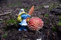 A smurf next to Amanita muscaria, commonly known as the fly agaric