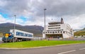 Smyril Line cruise ship and cargo ferry boat just arrived to Iceland, Seydisfjordur, with the ship, Iceland, summer