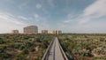 Aerial of Smyrna Dunes Park Boardwalk Condos in the background. New Smyrna Beach, Florida Royalty Free Stock Photo