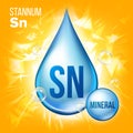 Sn Stannum Vector. Mineral Blue Drop Icon. Vitamin Liquid Droplet Icon. Substance For Beauty, Cosmetic, Heath Promo Ads