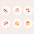 Minimalistic fast food icons.Vector set snacks icons.Pastel colors.Includes icons of hot-dog,ice-cream,pizza,burger,donut,fries.