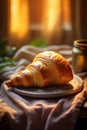 drink bakery food breakfast morning background bokeh table france croissant cup background. Generative AI.