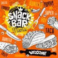 Snack bar cafe restaurant menu. Mexican, Taco, burrito fast food poster cards for bar cafe.