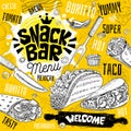 Snack bar cafe restaurant menu. Mexican, Taco, burrito fast food poster cards for bar cafe.