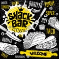 Snack bar cafe restaurant menu. Mexican, Taco, burrito fast food poster cards for bar cafe.