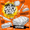 Snack bar cafe restaurant menu. Vector sandwiches fast food post