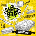 Snack bar cafe restaurant menu. Vector sub sandwiches fast food flyer cards for bar cafe.