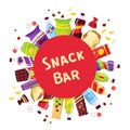 Snack bar circle banner, fast food and drinks products. Beverage bottles, sandwich in pack, soda and juice. Food store Royalty Free Stock Photo