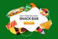 Snack bar white frame with sandwich in packet, packages of sweet candy and chocolate. Fast junk food vector background