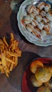 snack cimol with frech fries and orange Royalty Free Stock Photo