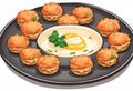 Illustration of mini crab cakes with sauce, AI Generated Royalty Free Stock Photo