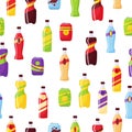 Snack fast food and drinks products seamless pattern. Beverage bottles, soda and juice. Food store elements pattern Royalty Free Stock Photo