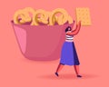 Snack, Fast Food with High Level of Carb Concept. Tiny Female Character Carry Huge Cookie Cracker Passing by Bowl Royalty Free Stock Photo