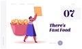 Snack, Fast Food with High Level of Carb Website Landing Page. Woman Carry Huge Cookie Cracker Passing by Bowl