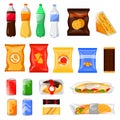 Snack and fast food products set. Cartoon meal and drinks vector illustration, isolated on white background