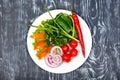 snack fresh cucumbers, tomatoes, red hot pepper, green onion, lettuce, parsley, red onion in restaurant serving Royalty Free Stock Photo