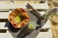 Snack of green salsa, tortilla chips, and lemonade Royalty Free Stock Photo