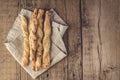 Snack of Grissini Bread Sticks on a Wooden Background Tapas Bar Homemade Bread Sticks Horizontal Top View Flat Layout Copy Space Royalty Free Stock Photo