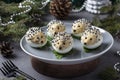 Snack hedgehogs made of stuffed eggs with cheese and champignons on a gray background. Funny food idea for kids. Closeup