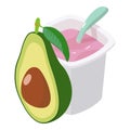 Snack icon isometric vector. Pack of fruit yogurt and half fresh green avocado