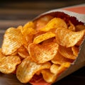 Snack indulgence Spicy BBQ potato chips, thin slices in open bag