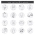 Snack Menu line icons set vector illustration of food, drink, coffee, hamburger, pizza, beer, cocktail, fastfood, cola, ice Royalty Free Stock Photo