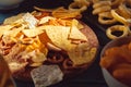 Snack mix. Salty treat for snacking. Dark background Royalty Free Stock Photo