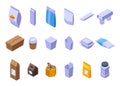 Snack pack icons set isometric vector. Candy bag